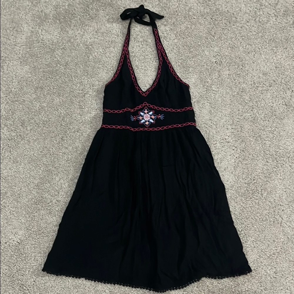 Black Halter Dress with Pink Embroidery